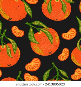 Juicy ripe tangerine with slices and leaves. Tropical exotic fruit. Hand drawn with pencil texture. Vector Seamless pattern.