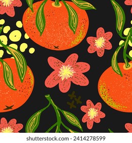 Juicy ripe tangerine. Tropical exotic fruit. Hand drawn with pencil texture. Vector Seamless pattern.