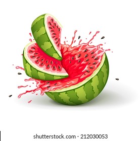 Juicy ripe watermelon cuts with splashes of juice drops. Eps10 vector illustration. Isolated on white background