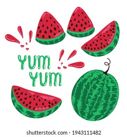 Juicy ripe watermelon set yum yum, whole watermelon and slice, summer delight fruit, vector illustration in hand-drawn style.