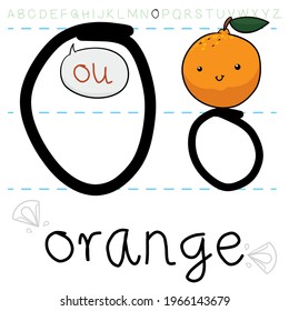 Juicy, round and smiling orange, ready for its daily grammar lesson: the learning and practice of letter 'O'.