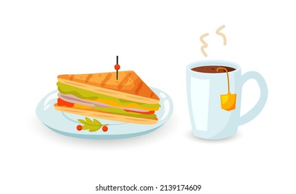  Juicy sandwich with cup of hot tea  isolated on white background. Vector  illustration