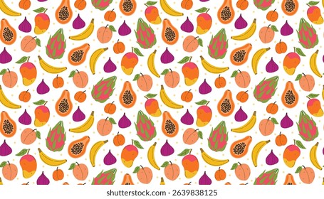 Juicy seamless design in messy style with exotic fruits like fig, banana, mango, papaya, peach, apricot, and dragon fruit. Bright tropical colors and cheerful cartoon look for fun projects.
