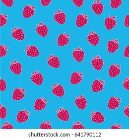 Juicy seamless pattern with fuchsia strawberries on blue background. Can be used in your project or printing.