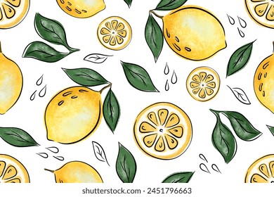 Jugoso patrón sin costuras con limones y hojas.