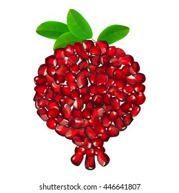 Juicy seeds in the shape of a pomegranate fruit with leaves isolated on white background. Realistic vector illustration.