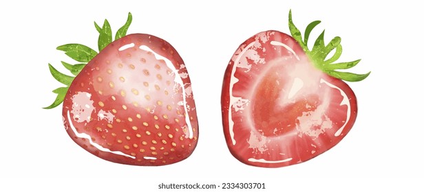 Juicy shiny red strawberries on a white background. Freehand drawing. A whole red strawberry, half a strawberry on a white background. Berry for designs, patterns, labels.