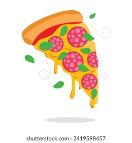 Juicy slice of pepperoni pizza with melty cheese, crispy crust and fresh basil leaves. Vector graphic.