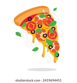 Juicy slice of pizza with shrimp, tomatoes, melted cheese, crispy crust, olives and fresh basil leaves. Vector graphic.