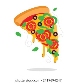 Juicy slice of vegetarian pizza with vegetables, melted cheese, crispy crust and fresh basil leaves. Vector graphic.
