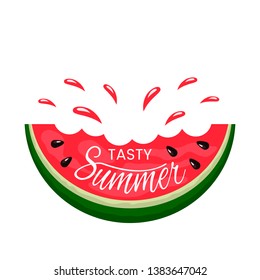 Juicy slice of watermelon bite with hand lettering Tasty summer. logo on a white background. flat isolated vector illustration