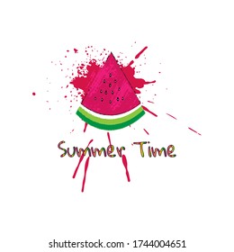 Juicy slice of watermelon with grunge texture on blot and text summer time. Vector illustration.