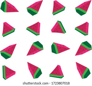 juicy slices of bright red watermelon with black stones and a green fringing scattered on a white sheet as a pattern