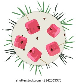 Juicy slices of fresh bright red watermelon with seeds and tropical leaves