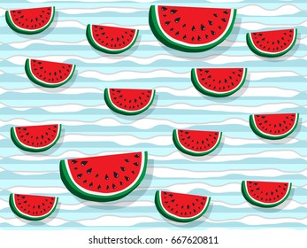 Juicy slices of red watermelon on a background of horizontal wavy strips of blue color, as sea waves. Concept of Hello Summer. Fruit abstract background, vector illustration