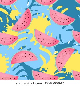 Juicy slices of ripe watermelon. Monstera leaves and paint stains tropical design. Trendy summer background, wallpaper, seamless pattern.