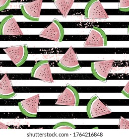 Juicy slices of watermelon on black and white stripes and pink spray. Abstract seamless pattern
