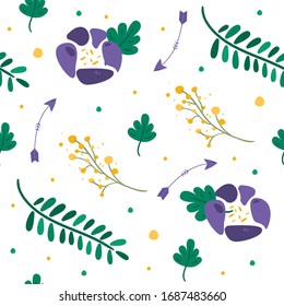 Jugoso patrón floral primaveral con flores y hojas moradas. Ideal para imprimir sobre telas, ropa, vestidos, tapicerías, invitaciones, papel de envoltura, postales y más