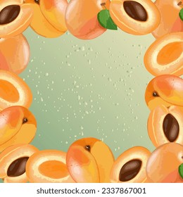 Juicy square green fruit background with apricots. Background for decor, wallpapers, postcards and presentations. Frame for text and photo.