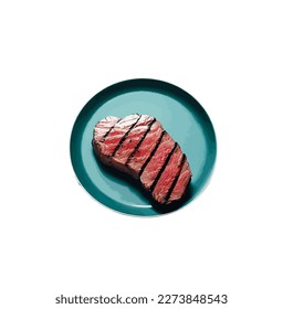Juicy steak in a blue plate on a white background. Vector illustration