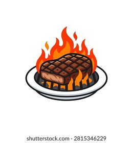 A juicy steak grilling on fire presented on a white plate