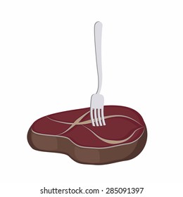 Juicy steak. A piece of roasted meat on a fork on a white background. Vector illustration.