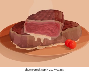 juicy steak in a wood plate 
