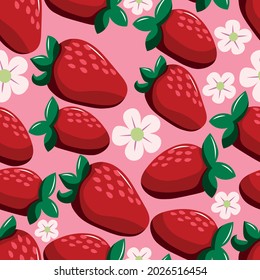 Juicy strawberries with delicate flowers on a pink background. Seamless summer pattern for printing. 