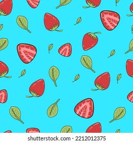 Juicy strawberries and leaves. Seamless pattern with strawberries on a blue background.