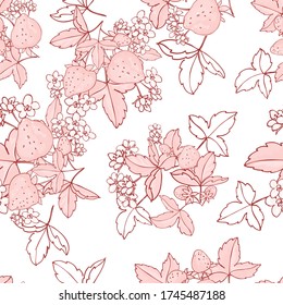 Fresas jugosas sin fisuras. Berries, flores y hojas. Para el diseño de envases, comida y jugos sabrosos y saludables. Estilo Doodle. Ilustración vectorial.