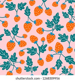 Juicy strawberry branches. Hand drawn vector seamless pattern. Pink background