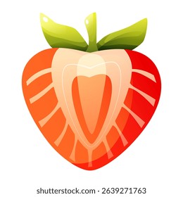 A juicy strawberry in cross-section, stylized as a cartoon vector illustration. A red berry with green leaves, resembling a heart. A fresh and appetizing fruit for healthy eating.