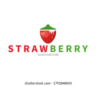 Juicy Strawberry Jar Logo Concept. Vector Design Illustration. Symbol and Icon Vector Template.