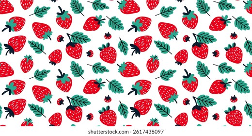 Juicy strawberry pattern with green leaves, bright and colorful seamless vector illustration, fresh summer design.