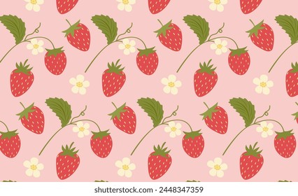 Juicy strawberry seamless pattern with berries, flowers and leaves in hand drawn style