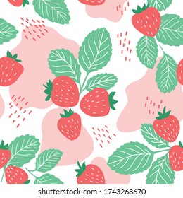 Juicy strawberry seamless pattern with leaves, lines and seeds. Fresh red organic berry print on pink and white background. Textile backdrop also good for package design, wrapping paper.