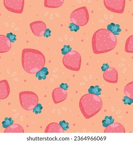 Juicy strawberry seamless vector pattern. Summer berry background. Use for fabric, gift wrap, packaging. Vector illustration in flat cartoon style. - Shutterstock ID 2364966069