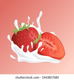 Juicy strawberry and splash of white liquid cartoon illustration isolated on red background. Natural organic cosmetic based on fresh berries, yogurt or strawberry milk cocktail vector concept.