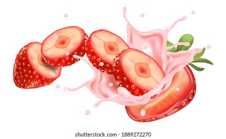 Juicy strawberry splashing isolated with strawberries slice of pieces element in the middle on white background. Realistic vector in 3D illustration.