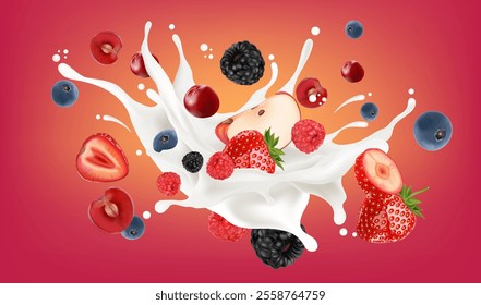 Juicy strawberry splashing isolated with strawberries slice of pieces element in the middle on white background. Realistic vector in 3D illustration.