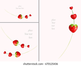 Juicy strawberry string sweet valentine heart romantic card with blank space for text. Vector drawing isolated on light background.