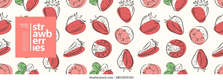Juicy strawberry vector seamless pattern for decor, wallpaper, covers, textiles and wrapping paper. Hand drawn berries arranged in bright summer design
