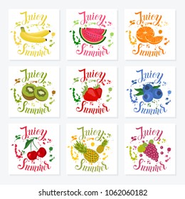 Juicy Summer inscription on the background with splashes. Vector illustration with summer fruit. Trend calligraphy. Set of cards