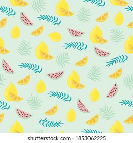 juicy summer pattern with lemon fruit with leaves and watermelons leaves on light green background for textile