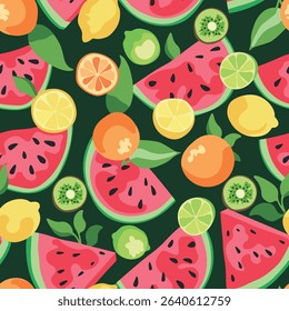 Juicy summer pattern. Sliced ​​watermelon, lemon, orange, lime and kiwi with juicy greens. Fruits on a dark green background. Citrus background. Pattern for printing wallpapers, wrappers, fabrics, paj