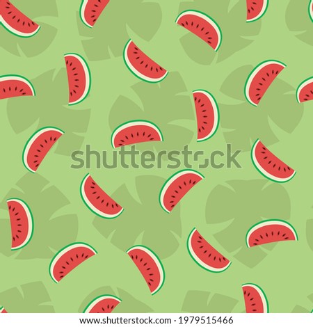 Juicy summer pattern with slices of watermelon on a background of leaves