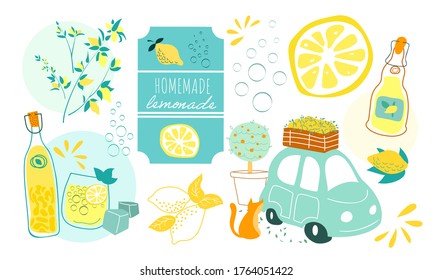 Jugoso conjunto de verano con limones y limonada e ilustración vectorial limoncello. Ropa de limón, etiqueta, botellas y gato italiano 