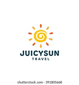 Juicy Sun. Original Bright Symbol. Memorable Visual Metaphor. Simple, Solid & Bold Mark. Represents the Concept of Summertime, Vacations, Sunbathe, Travel & Adventures, Joy, Gladness, Happy Life, etc.