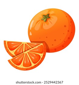 Juicy sweet orange fruit with two slices. Vector illustration of fresh exotic delicious fruit. Ingredient for making lemonade on white background