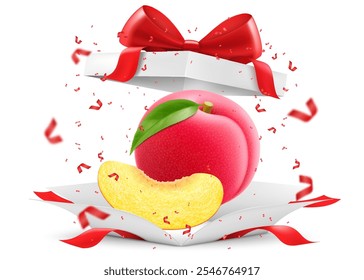 Ciruela dulce jugosa en caja de regalo abierta con un lazo rojo aislado sobre fondo transparente. Frutas rojas redondas, ciruelas, fruta dulce deliciosa. Ilustración vectorial 3D realista. Diseño de verano. Alimentación saludable,